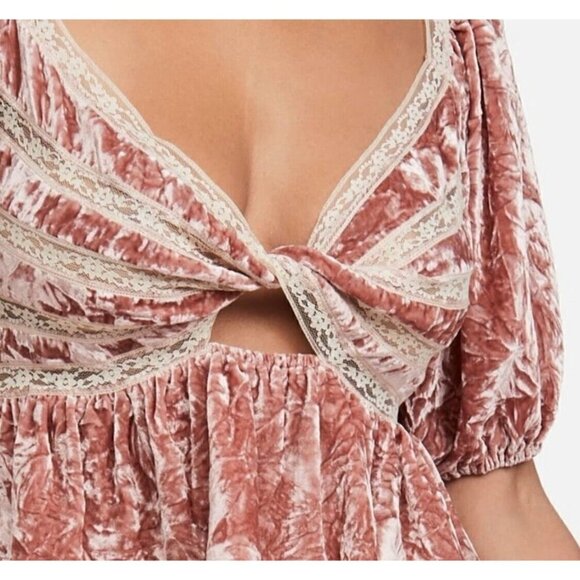 Free People Sz L Mauve Pink Velvet Peplum Ruffle Hem Cropped Smocked Top NWT NEW - Picture 10 of 16